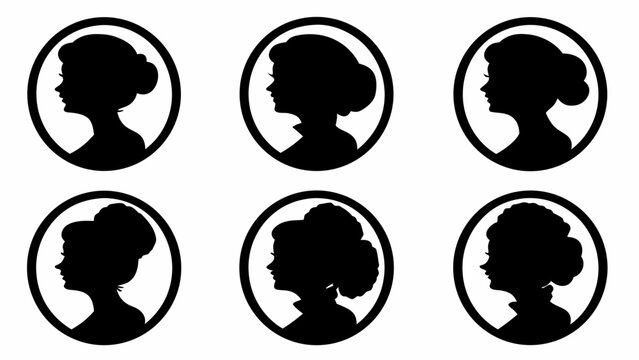 Six silhouettes of women with different hairstyles in oval frames