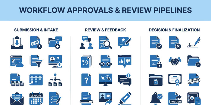 50 Workflow Approvals and Review Solid Vector Icon Set &mdash; Submission, Intake, Feedback, Decision Making, Final Approval, Checklist, Signature, Status Tracking, Business Process