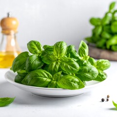 Fresh green basil leaves piled on a white plate on a light surface with other herbs in the background
