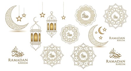 Golden Ramadan Kareem decorations with crescent moons and lanterns on white background