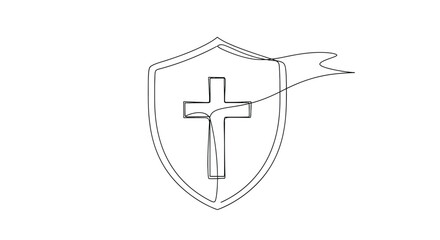 Obraz premium Simple hand drawn outline of a shield with a christian cross and a flowing flag representing faith and protection