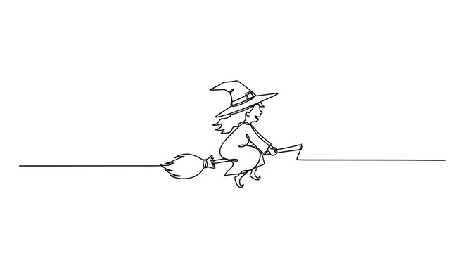 Whimsical hand drawn line art illustration of a cute cartoon witch flying on a broomstick against a white background