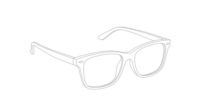 Stylized line art illustration of modern oversized eyeglasses with thick frames and clear lenses presented in an isometric perspective against a white background