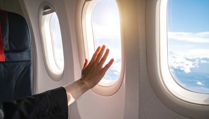 Inside an airplane cabin with a hand reaching towards a sunlit window and fluffy clouds visible outside