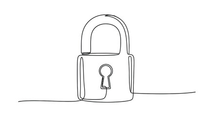 Minimalist single line drawing of a classic padlock with a keyhole representing security privacy and protection in a simple artistic style © Line Home