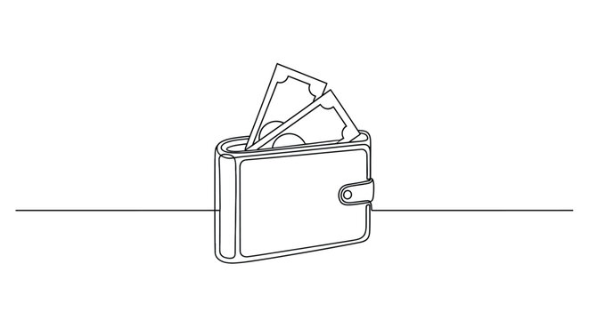 Minimalist line art illustration of a leather wallet with credit cards and cash peeking out against a clean white background