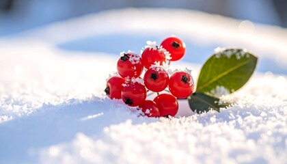Frozen red berries, snowy ground. Bright light sparkles on frost covering the berries and a green leaf