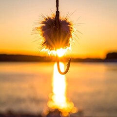 Fuzzy fishing lure hangs backlit by the sunrise over a tranquil lake
