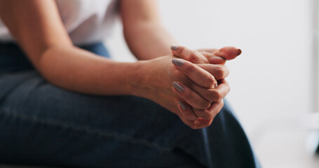 Hands, woman and nervous with anxiety for counseling session with emotional tension in therapy....