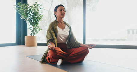 Relax, yoga and woman with meditation in studio for stress relief, grounding practice and zen....