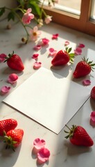 Ultra-Real Valentine Blank Card on Marble Table with Strawberries and Rose Petals