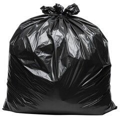 Full, tied black plastic trash bag on a white background, ready for disposal and removal