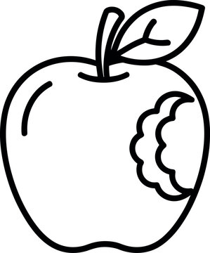 Minimalist black line art icon of a bitten apple fruit for healthy snack and organic food logo design.