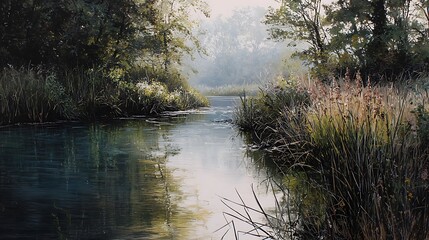 Misty River Flowing Through Dense Forest Landscape.