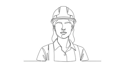 Obraz premium Stylized line art portrait of a determined female construction worker wearing a hard hat and protective vest