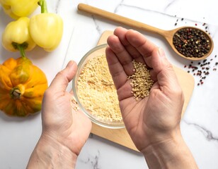 Hands over clear bowl of grain, yellow peppers, and wooden spoon with peppercorns on marble countertop