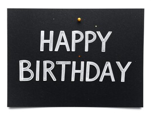 Happy Birthday" text on a black background, affixed with a push pin. Simple, celebratory