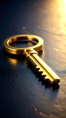 Gleaming golden key laying on a dark, textured surface with bright, warm light reflecting off of its metal