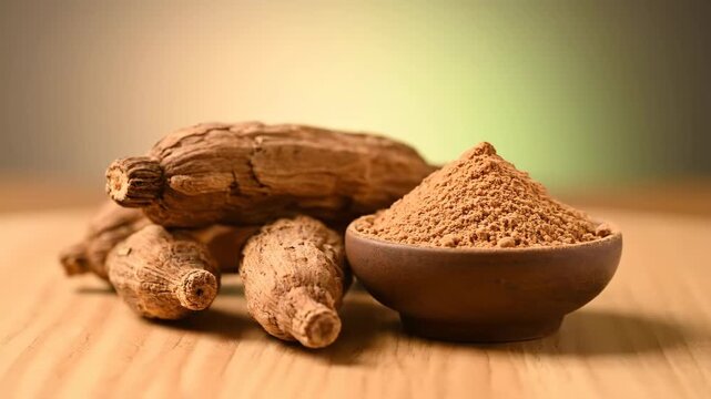 Dry Ashwagandha Roots and Fine Powder in a Wooden Bowl on a Wooden Table, Ayurvedic Herb for Health and Wellness, Soft Cinematic Lighting.