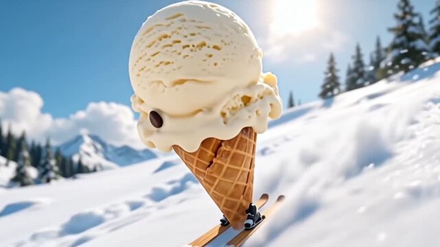 Surreal Ice Cream Cone Skiing Down Snowy Mountain Slope
