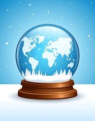 Globe-shaped snow globe containing a stylized world map and trees on a snowy base against a blue background