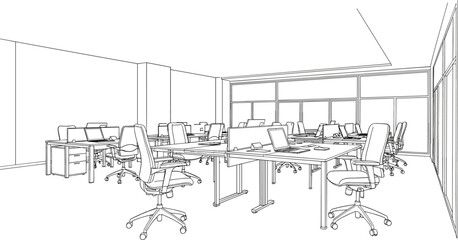Obraz premium Detailed perspective line art of a modern open plan office interior featuring multiple workstations desks and ergonomic chairs