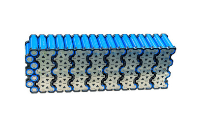 Obraz premium Electric vehicle lithium NMC battery for EV car energy storage isolated on white. Lithium-ion cell pack or High voltage electric vehicle batteries.