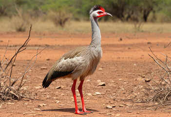 Obraz premium Red-legged Seriema standing tall on the dry earth, looking for prey