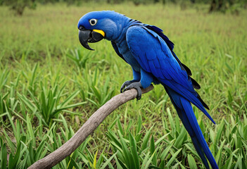Blue parrot perched on a branch, Hyacinth Macaw, the world's largest flying parrot