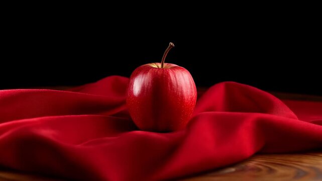 Red apple on crumpled red fabric with wooden table and dark background