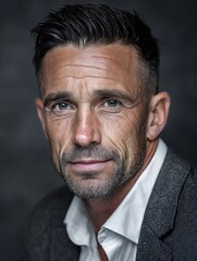 Fototapeta premium A 40-year-old man with a senior executive look, wearing light makeup, appearing composed and serious.
