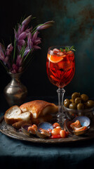 Elegant canap&eacute; with red cocktail and seafood