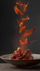 Gourmet meat dish with vibrant orange garnish