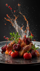 Splashing liquid and fresh vegetables on plate