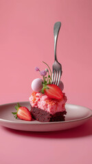 Strawberry chocolate cake slice with pink frosting and decorations