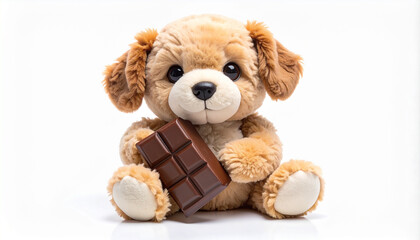 Obraz premium Cute fluffy toy puppy holding a delectable chocolate bar, embodying charming innocence and delightful playfulness against a bright white studio backdrop