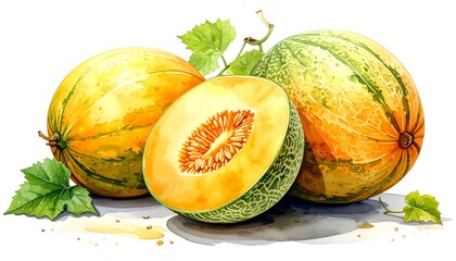 Illustration of two whole melons and a halved melon, with leafy accents, on a white background