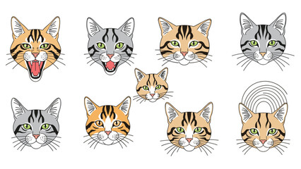 Collection of various cat head illustrations with different colors, markings, and expressions like yawning and staring.