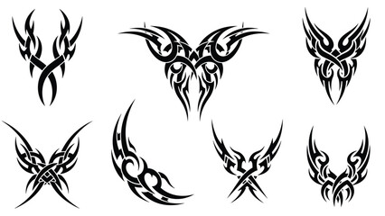 Obraz premium Collection of diverse black tribal tattoo designs with sharp points and symmetrical interlocking patterns for body art.