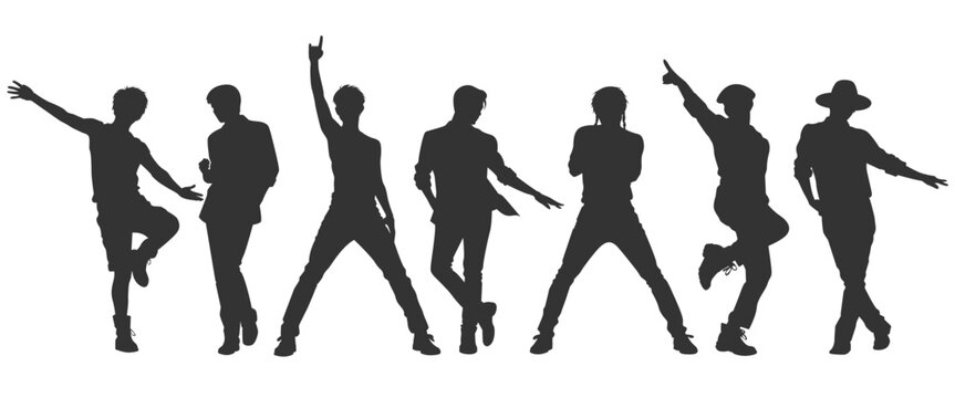 Silhouette vector illustrations of Korean boyband singing and dancing on stage. Modern group dancers with diverse pose, style, and movements. Flat design representing contemporary K-pop music.