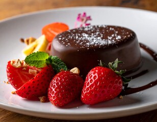A chocolate dessert with strawberries and nuts on a white plate