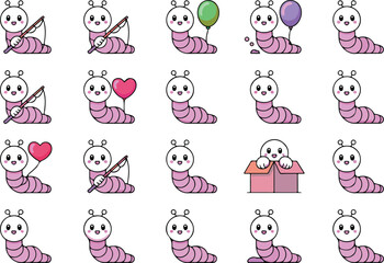 Obraz premium Cute Worm Character Outline Icon Set Funny Emotions and Playful Poses