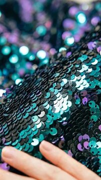 Vertical video of hand touching teal and purple sequin fabric. Fingers stroking shiny mermaid scale texture. Tactile sensory fashion concept
