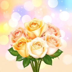Creamy yellow-pink roses bouquet with green leaves against a colorful pastel bokeh background; festive, soft, romantic