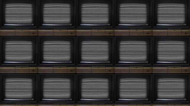 TV Noise distortion レトロなブラウン管TVに映る砂嵐のテレビノイズ たくさん並ぶTV シームレス素材 - 4K ProRes Loop CG motion graphics 
