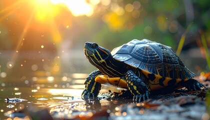 Vibrant turtle resting near serene water edge, realistic shell texture