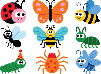 Obraz premium Cute Bug Character Outline Icon Set Ladybug, Butterfly, Bee, Ant, Grasshopper, Spider, Fly, and Party Caterpillar