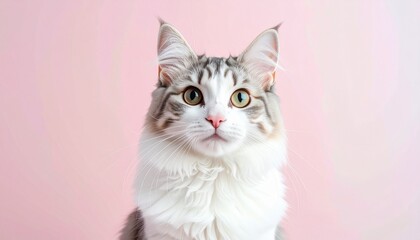 White cat with gray tabby markings and bright eyes on soft pink background