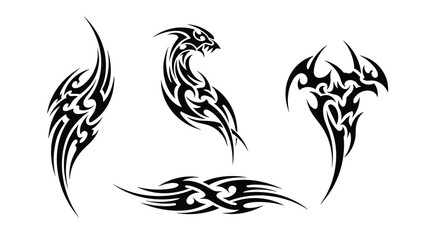 Obraz premium Set of four intricate black tribal tattoo designs with sharp curved lines and abstract shapes for body art and graphic elements.
