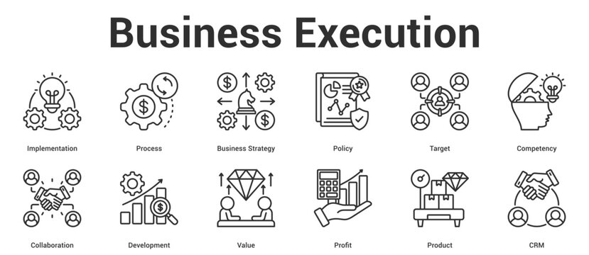 Business Execution icon set collection vector illustration concept for business with icon of Implementation, Process, Business Strategy, Policy, Target, Competency, Collaboration, Development, Val.